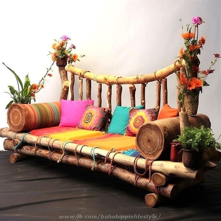 Rustic Rainbow Log Bench Delight