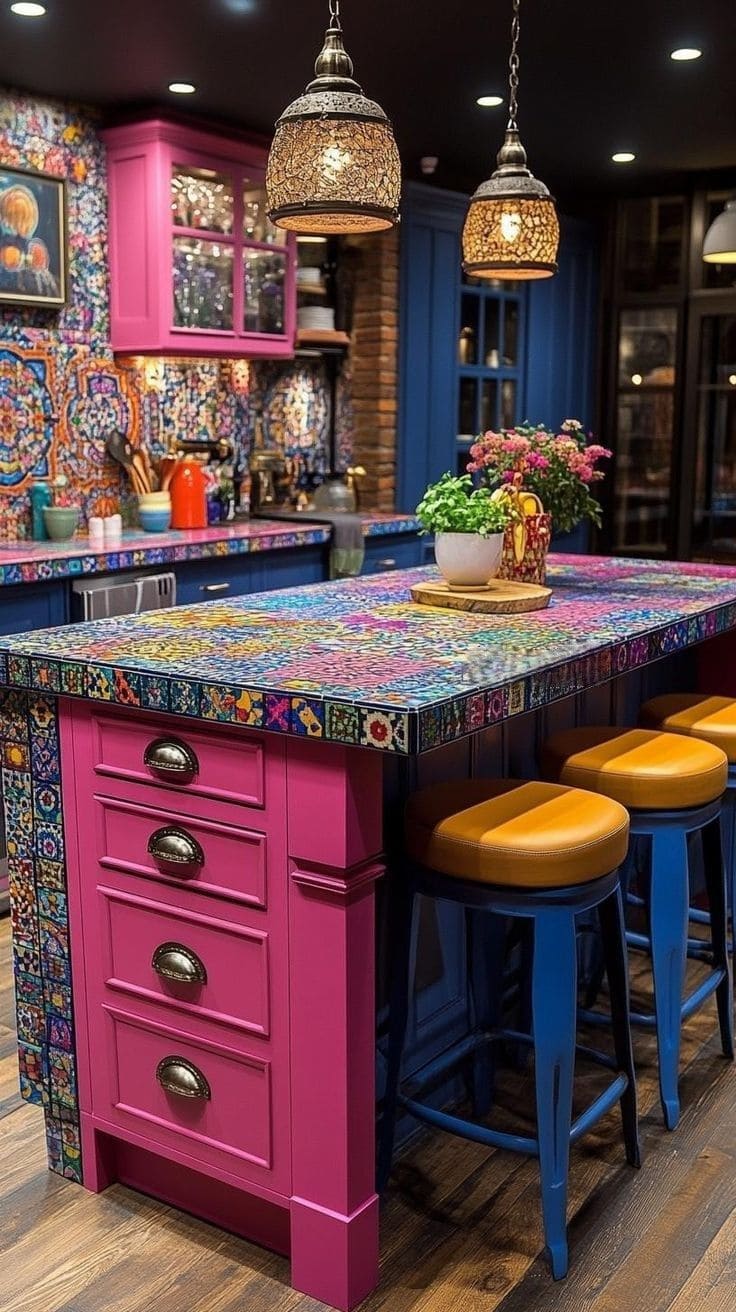 Bold Mosaic Tile Kitchen Island Design