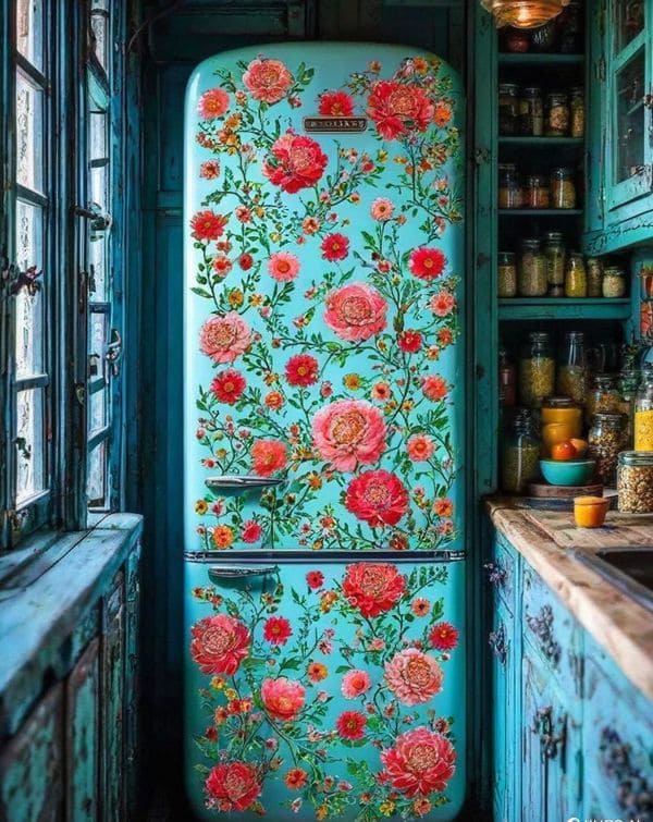 Vintage Floral Painted Bohemian Refrigerator