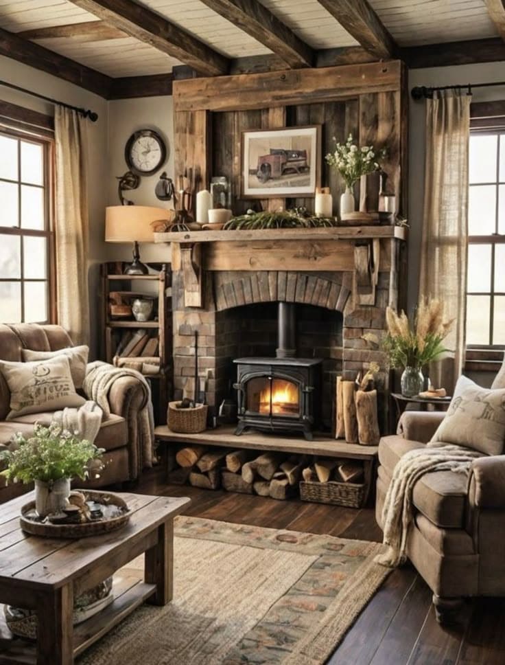 Cozy Fireplace-Centered Rustic Brown Living Room