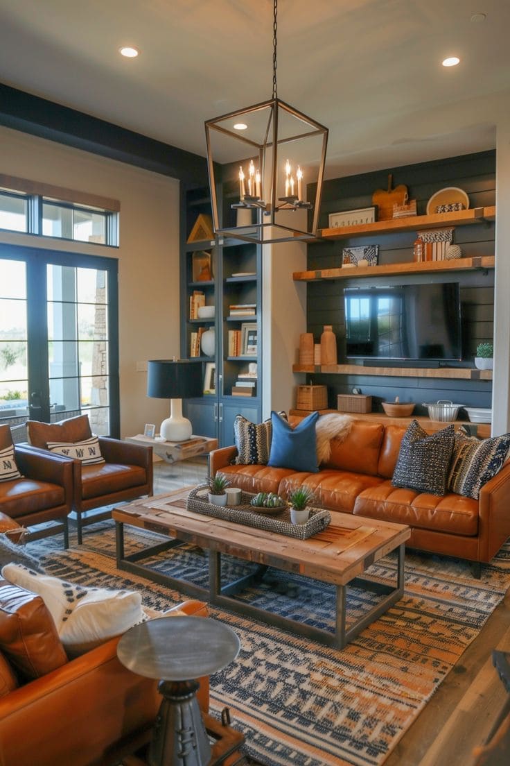 Modern Rustic Brown Living Room with Leather Highlights