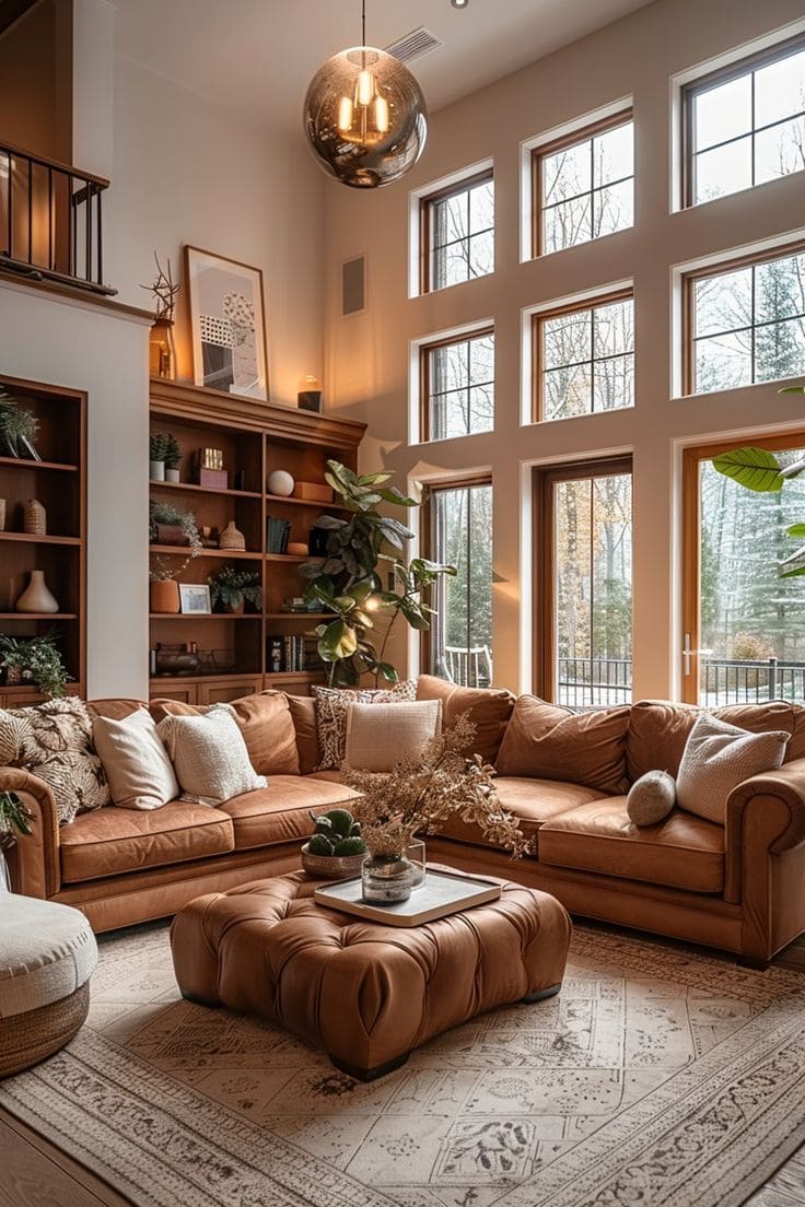 Elegant Brown Living Room with Leather Accents