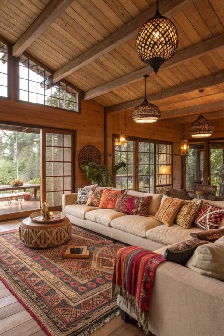 Bohemian Rustic Brown Living Room with Warm Wood