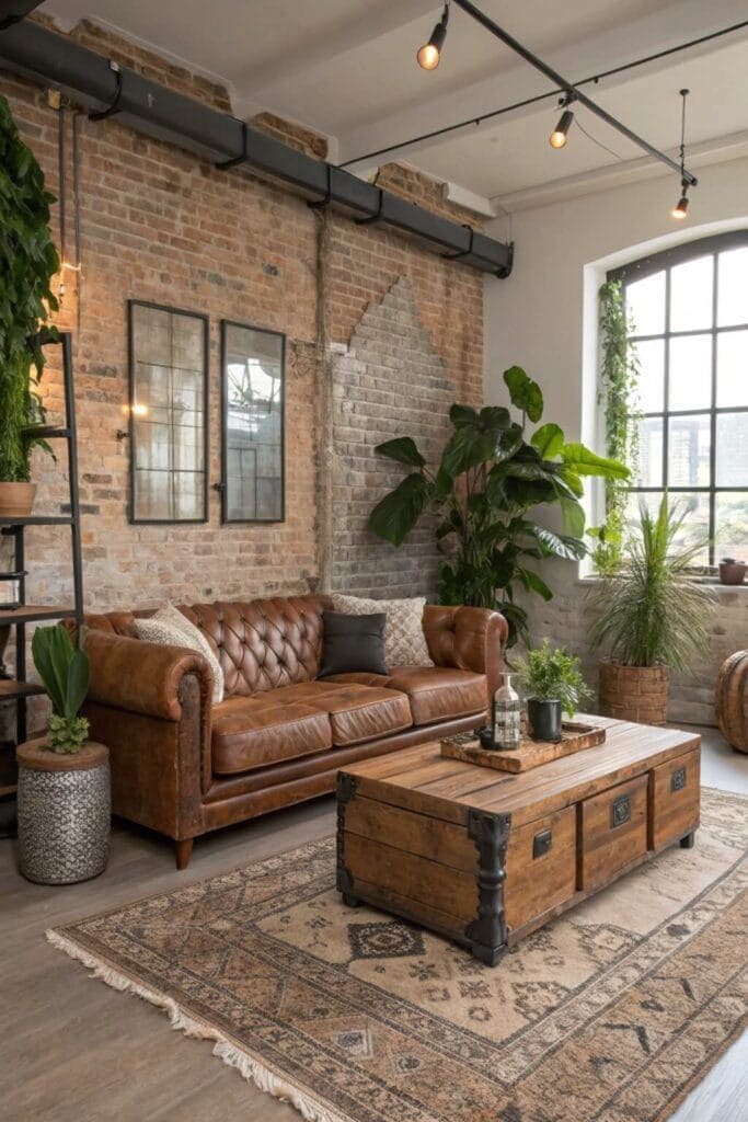 Industrial Rustic Brown Living Room with Vintage Flair