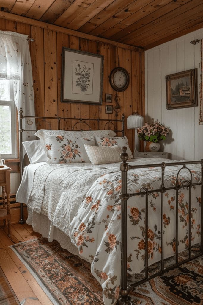 Floral Elegance in a Vintage Farmhouse Bedroom