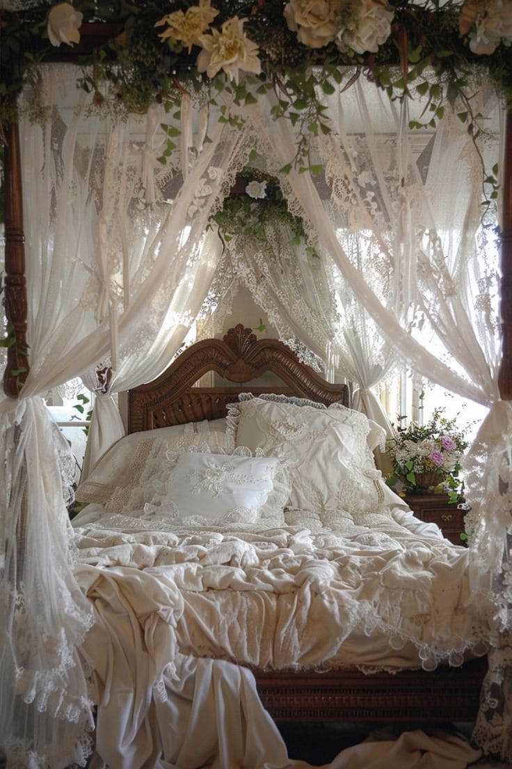 Vintage Lace Canopy Bedroom with Rustic Charm