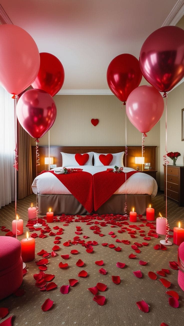 Heart-Shaped Balloons and Candlelit Pathway Bedroom