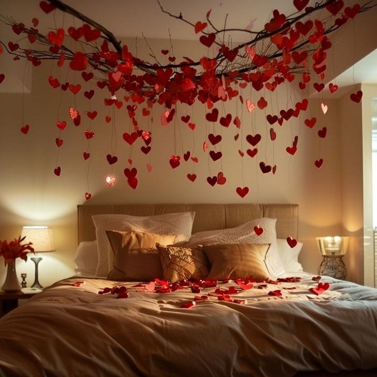 Hanging Heart Decor Bedroom with Warm Lighting