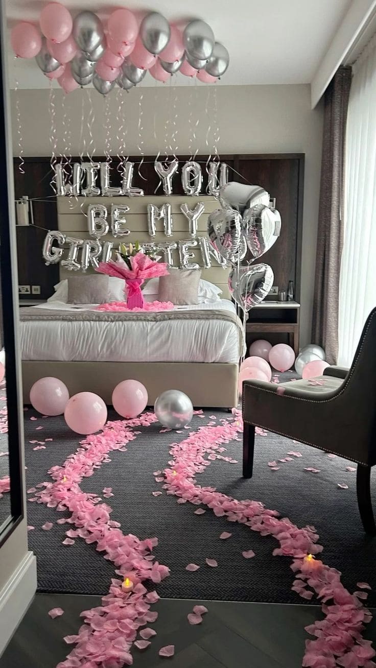 Intimate Proposal Setup with Balloons and Flowers