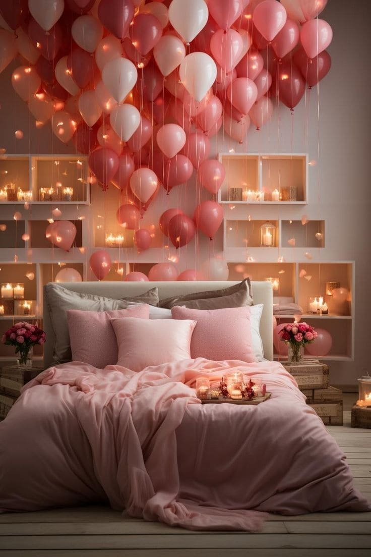 Pink Balloon Romance Bedroom with Candlelit Warmth