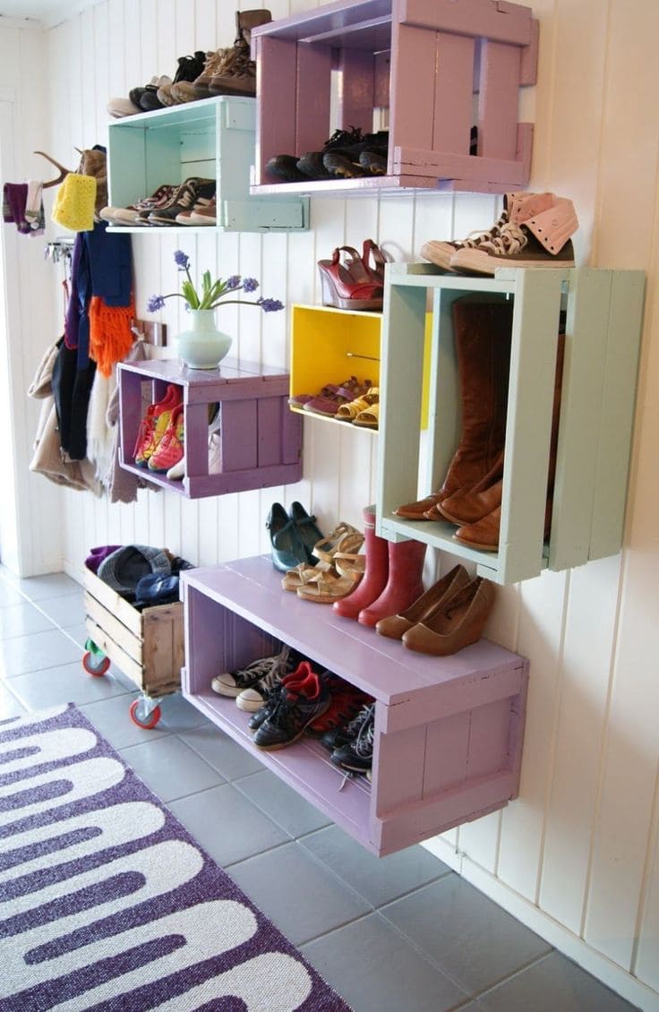Vibrant Wall-Mounted Crate Shoe Shelves