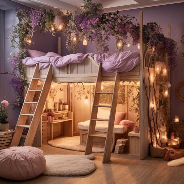 Floral Themed Bunk Bed with Cozy Nook