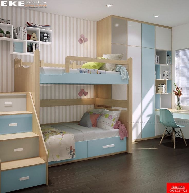Dual-Tone Bunk Bed with Storage Stairs