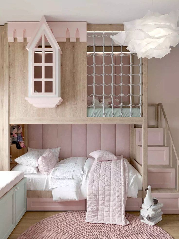 Princess Castle Bunk Bed with Tufted Headboard