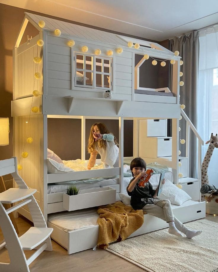 Cottage-Style Bunk Bed with String Lights