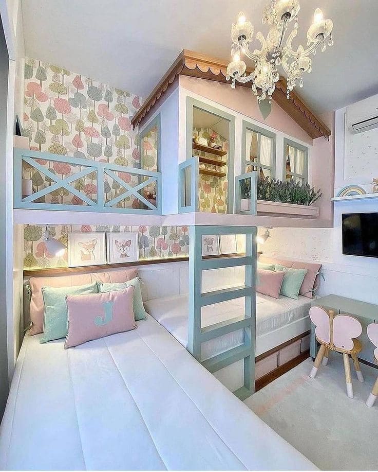 Cottage-Style Bunk Bed with Pastel Hues