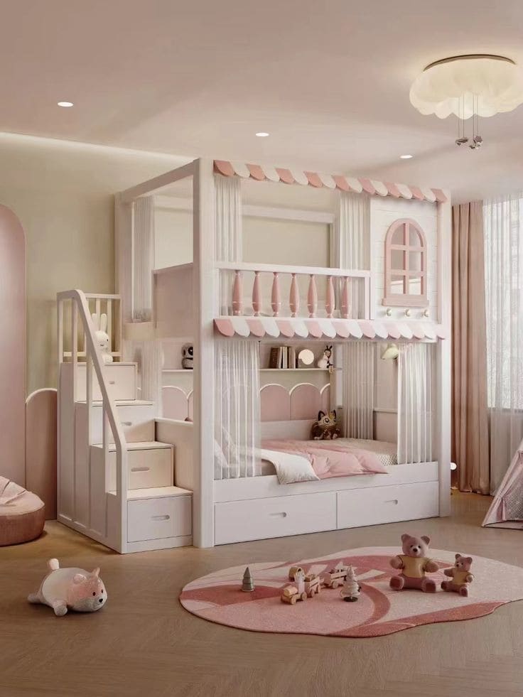 Princess-Style Bunk Bed with Curtained Canopy
