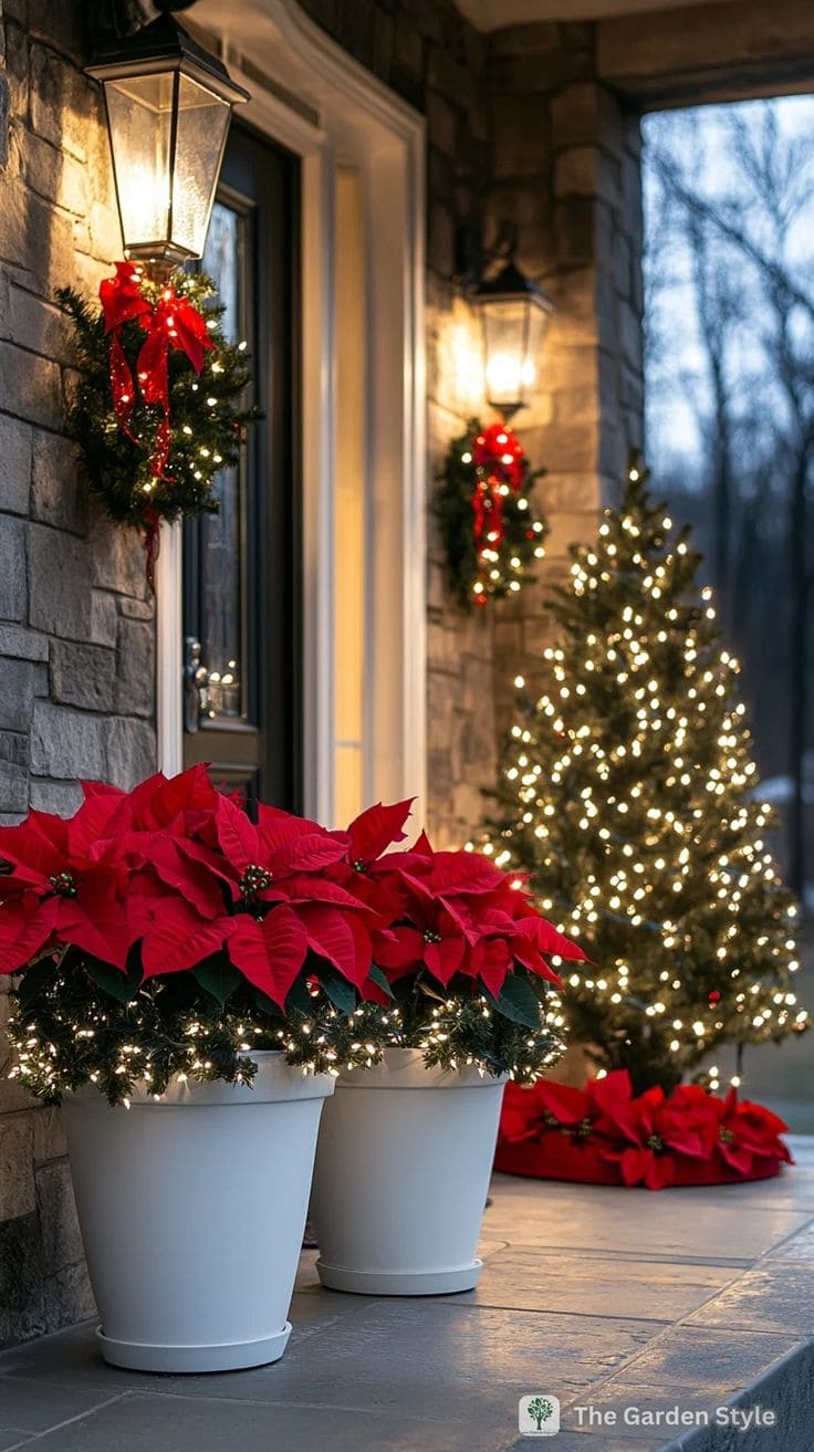 Sparkling Poinsettia Christmas Porch Display