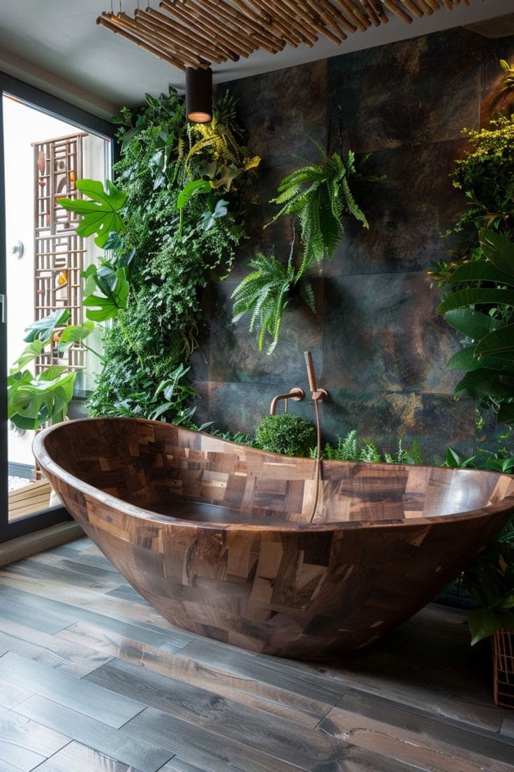 Tropical Wooden Bathroom with Lush Greenery