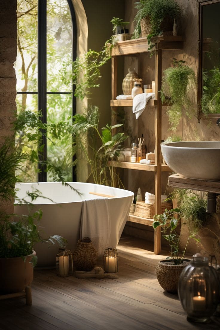 Earthy Spa Bathroom with Lush Greenery