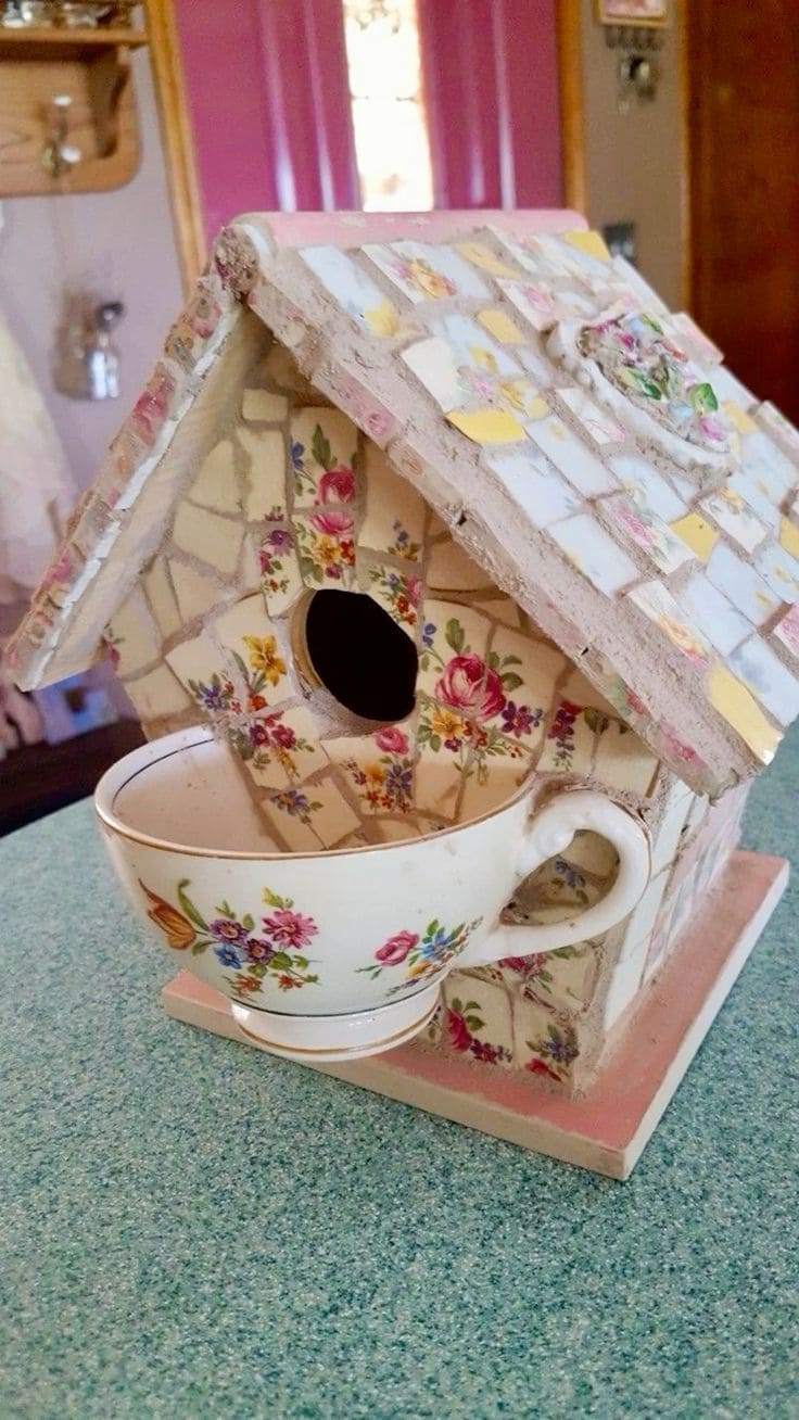 Whimsical Mosaic Teacup Birdhouse