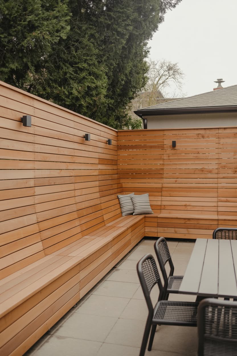 Cedar horizontal slat privacy fence with built-in corner bench seating and striped pillows