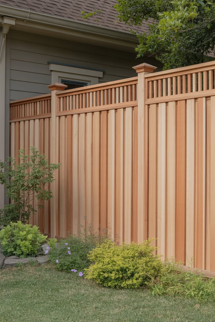 Traditional cedar privacy fence with vertical boards and decorative lattice top trim