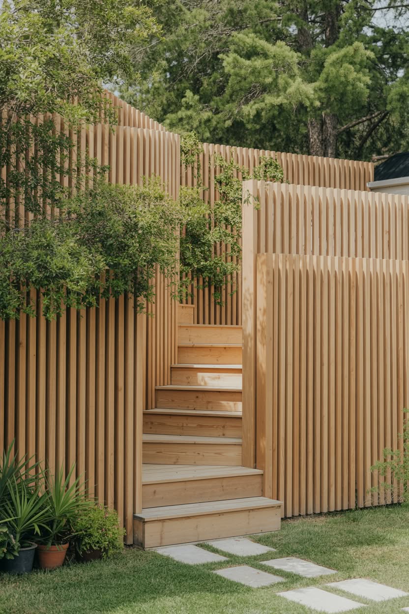 Artistic vertical wood slat fence with varying heights and wooden staircase entry