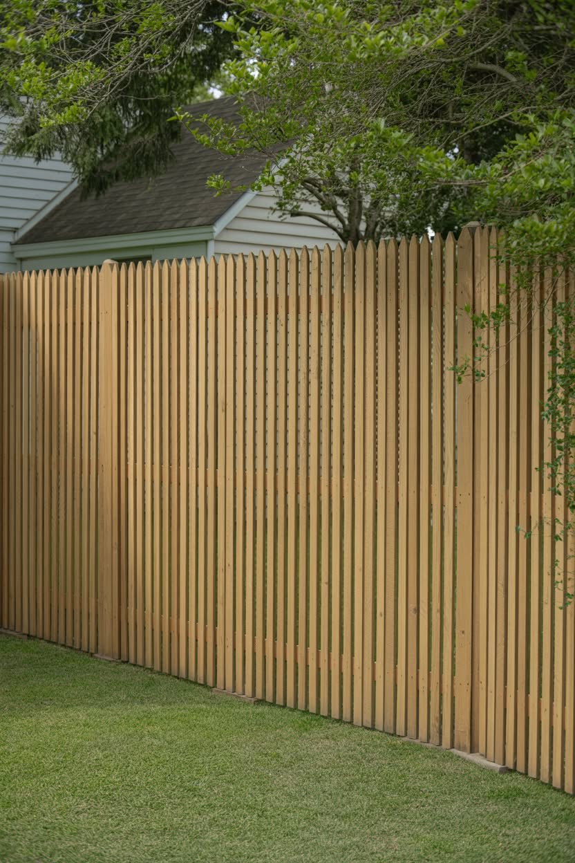 Tall vertical pointed picket privacy fence in light natural wood across green lawn
