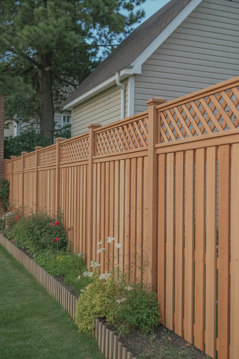 Cedar privacy fence with vertical boards, lattice top detail, and flowering garden border