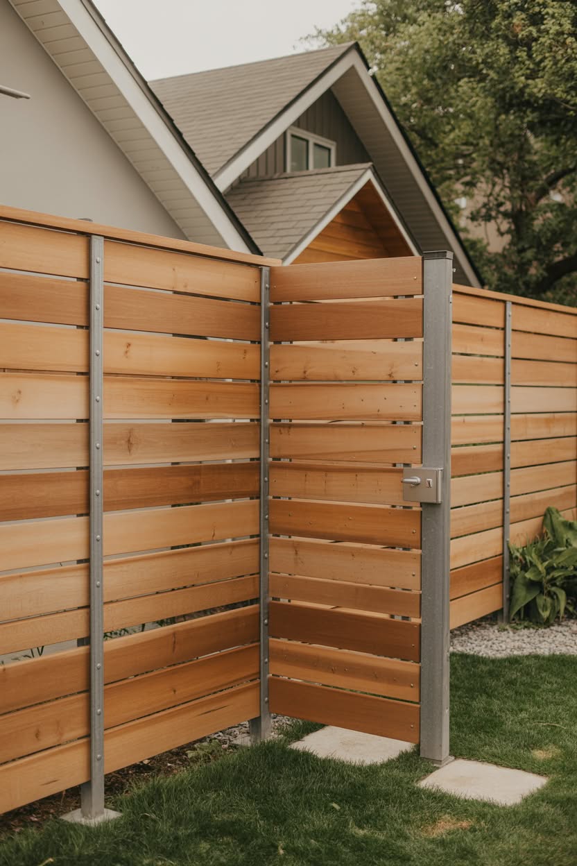 Cedar horizontal slat fence with galvanized silver metal posts and gate ajar