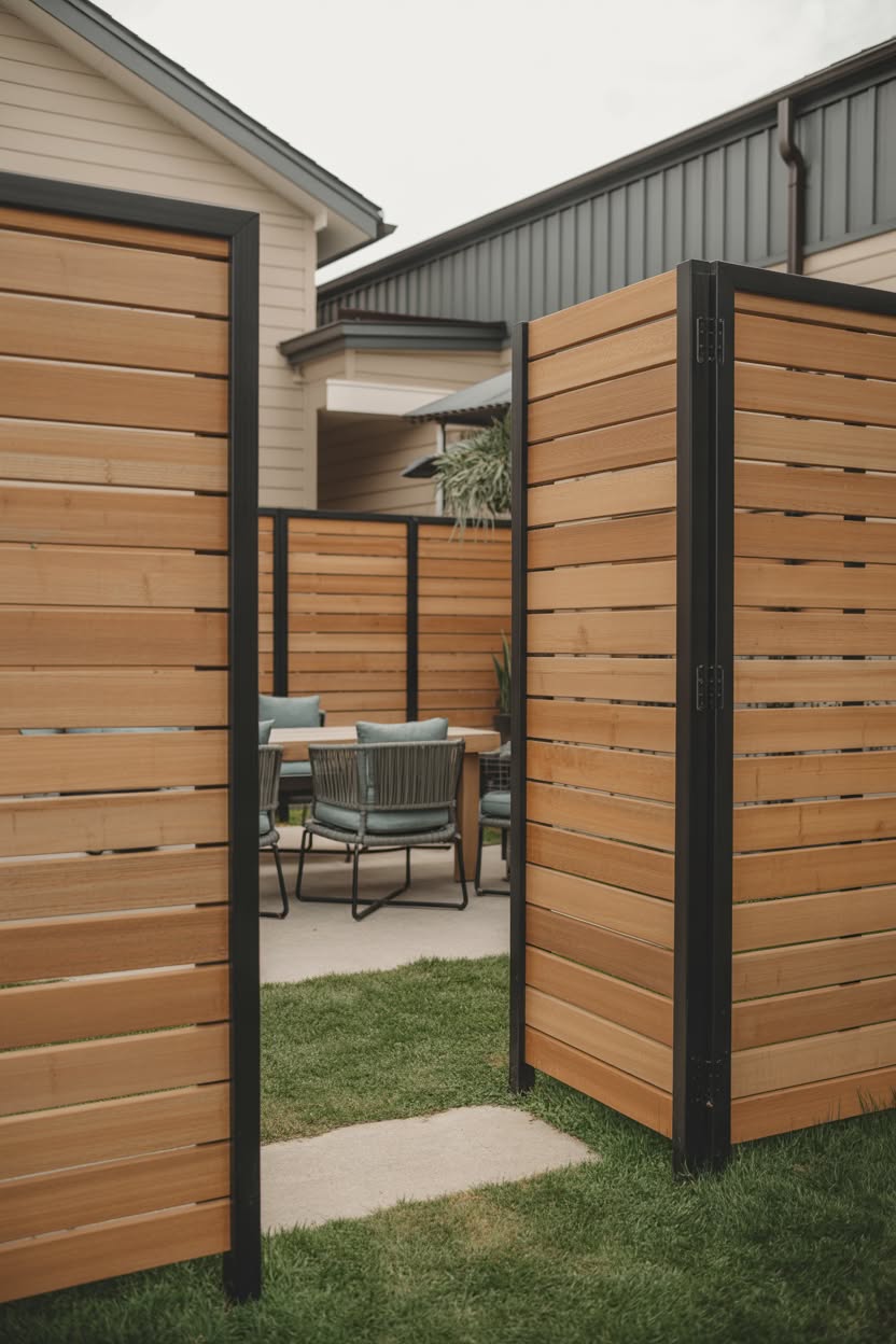 Modern horizontal cedar slat fence with black metal frame and double gates opening to patio dining area