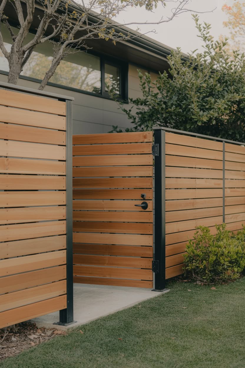 Modern horizontal cedar slat fence with dark metal frame and gate with lever handle at mid-century home
