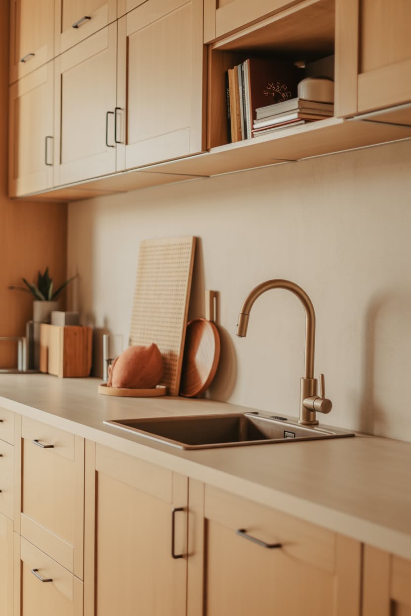 Modern earthy kitchen with light maple shaker cabinets, brass faucet, and wood cutting boards displayed