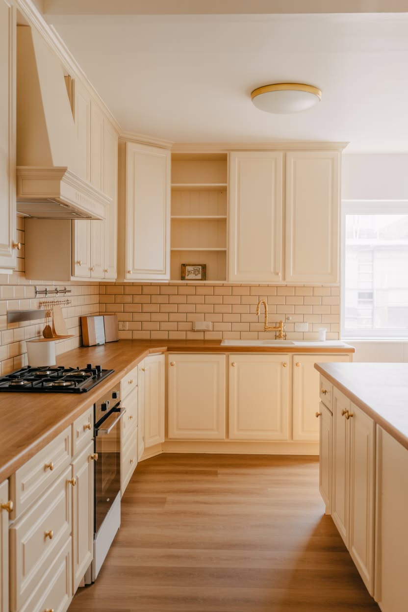 Bright cream and wood kitchen with ivory raised panel cabinets, butcher block countertops, and subway tile backsplash