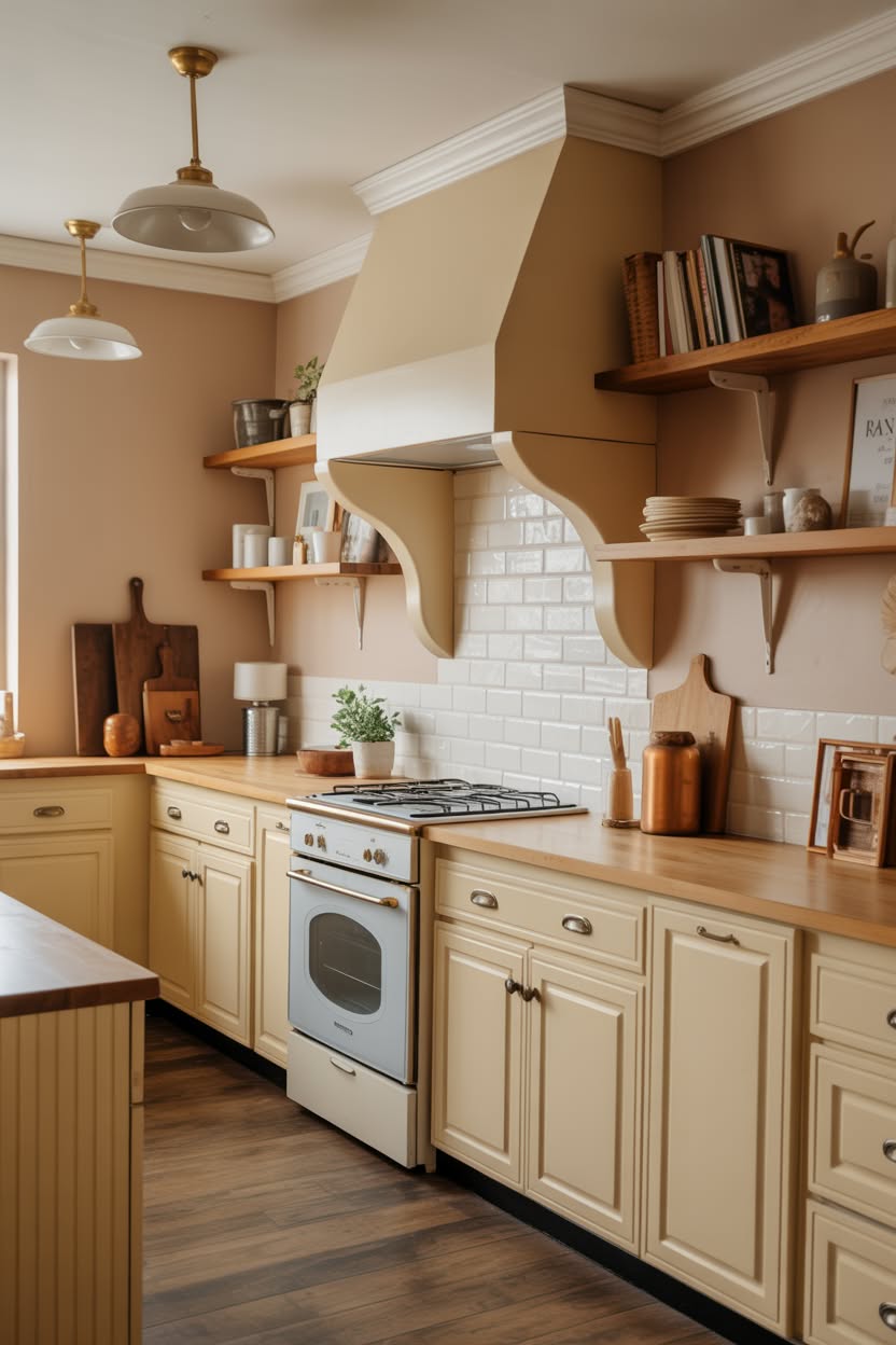 Warm kitchen design with beige walls, cream cabinets, decorative curved hood, open wood shelves, and butcher block counters