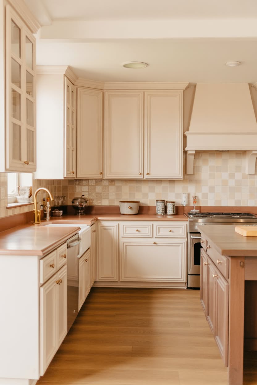 Traditional white and cream kitchen with raised panel cabinets, checkered tile backsplash, wood countertops, and gold faucet