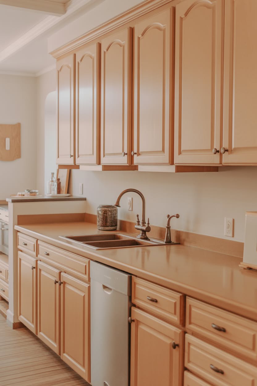 Soft peach warm toned kitchen with cathedral arch cabinet doors, matching countertops, and traditional double sink