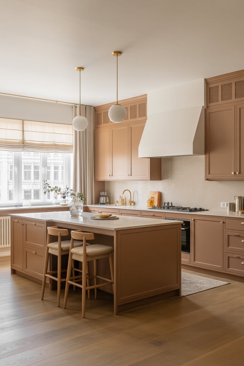 Sophisticated warm toned kitchen with camel-colored cabinets, large island with bar seating, white globe pendants, and perforated cabinet details