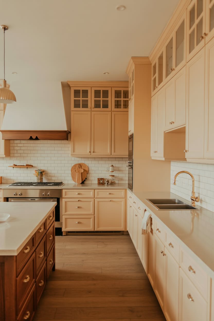 Two-tone cream and wood kitchen with stained wood island, cream perimeter cabinets, glass front uppers, subway tile, and pleated pendant light