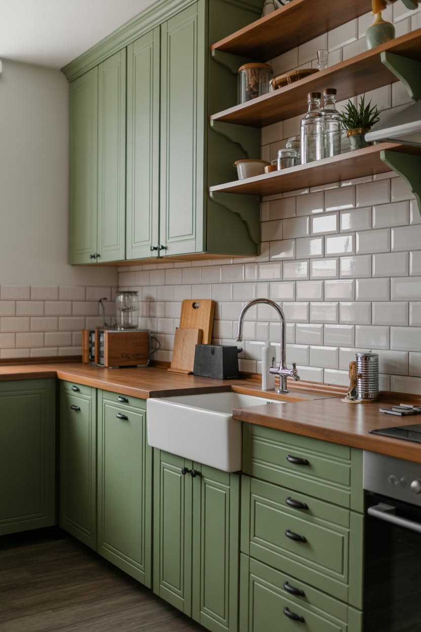 Sage green kitchen cabinets with butcher block countertops white farmhouse sink and open wood shelving