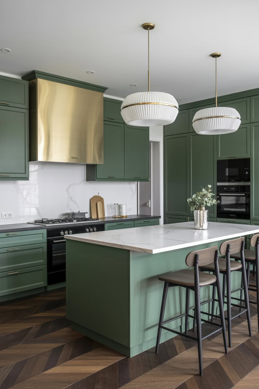 Hunter green kitchen cabinets with brass range hood marble island herringbone wood floor and elegant pendant lights