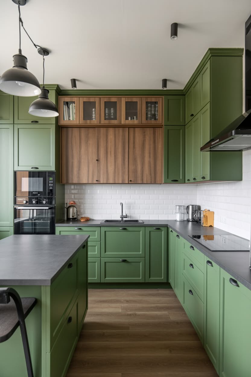 Sage green kitchen cabinets with natural wood upper cabinet accents and dark gray countertops