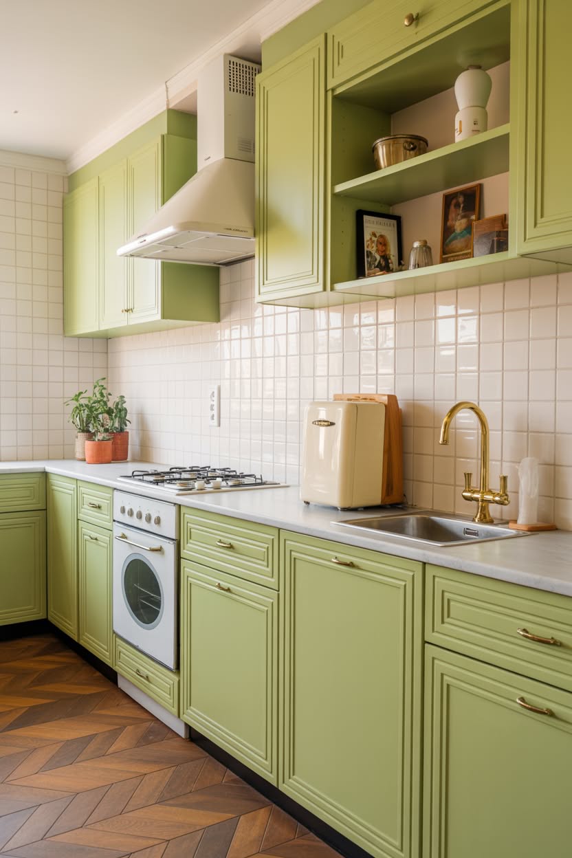 Pistachio green kitchen cabinets with cream square tile backsplash gold faucet and vintage white appliances