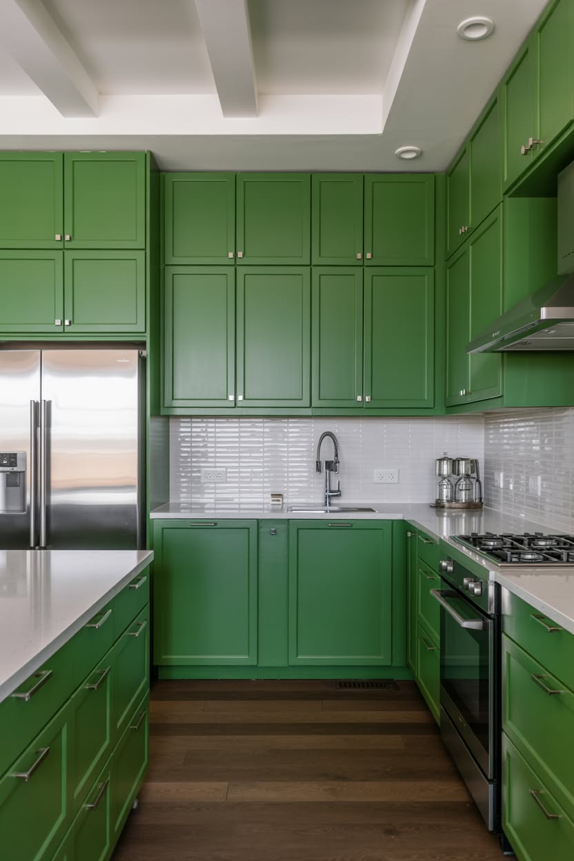 Bright kelly green kitchen cabinets with white countertops coffered ceiling and stainless steel appliances