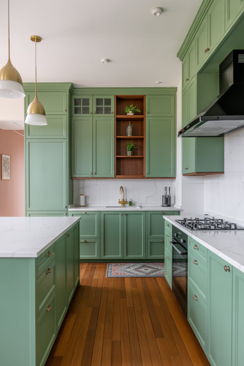 Soft sage green kitchen cabinets with marble countertops gold fixtures and pink accent wall