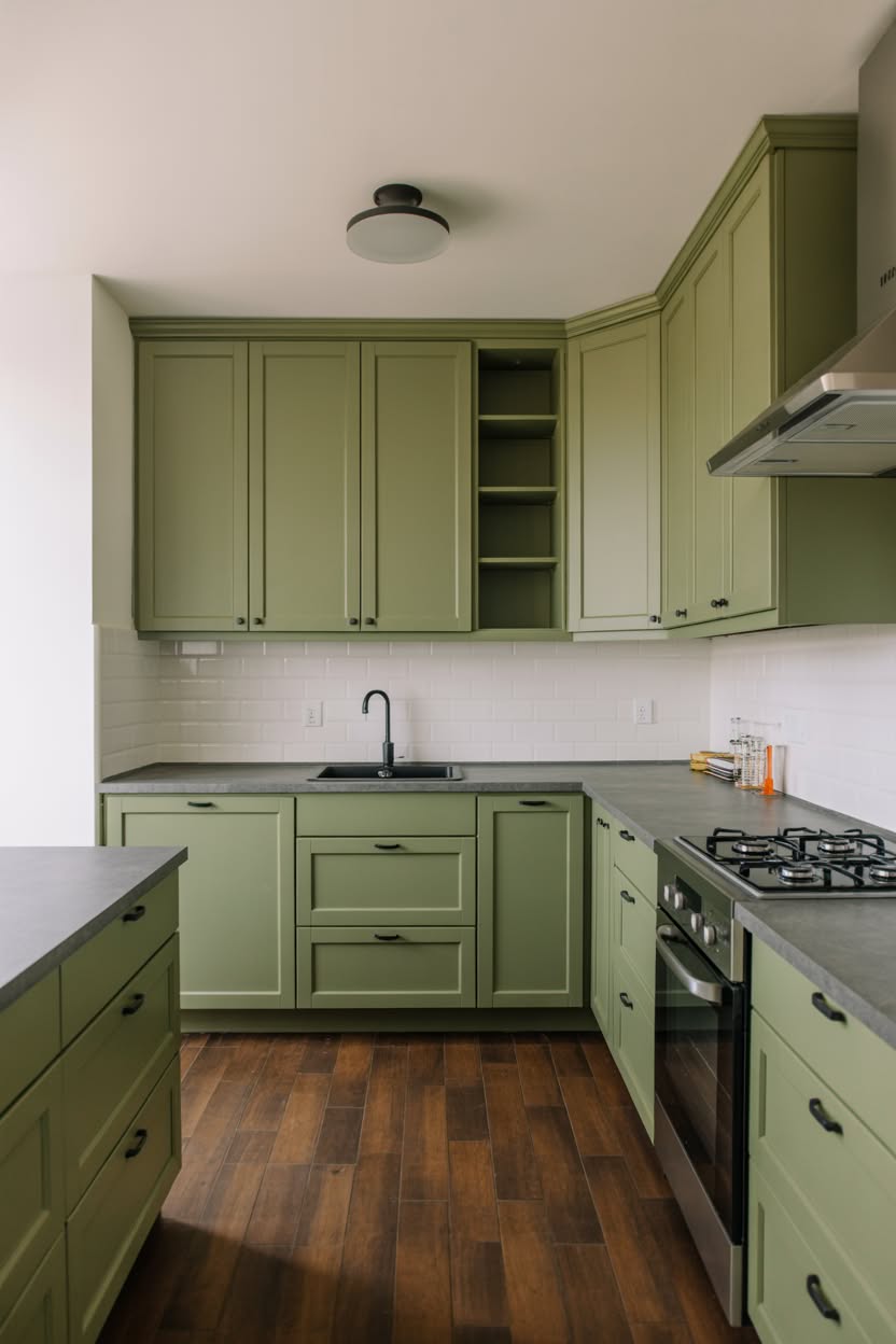 Muted olive green kitchen cabinets with gray countertops white subway tile and black hardware
