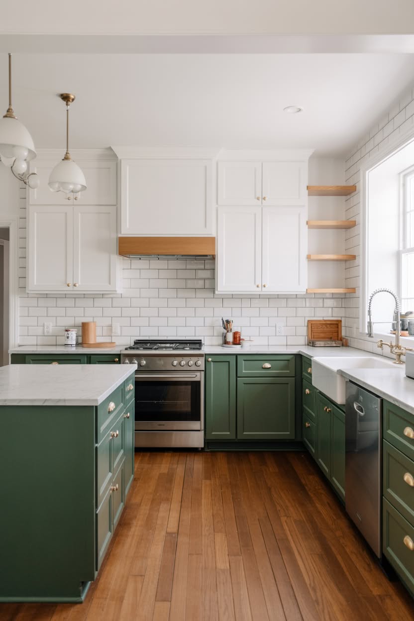 Two-tone kitchen with white upper cabinets forest green lower cabinets white farmhouse sink and wood floating shelves