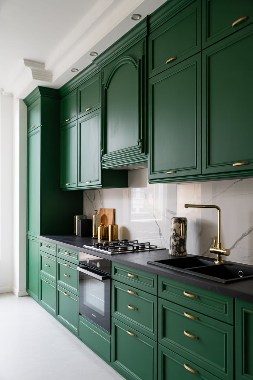 Dramatic emerald green traditional kitchen cabinets with black countertops marble backsplash and gold brass hardware