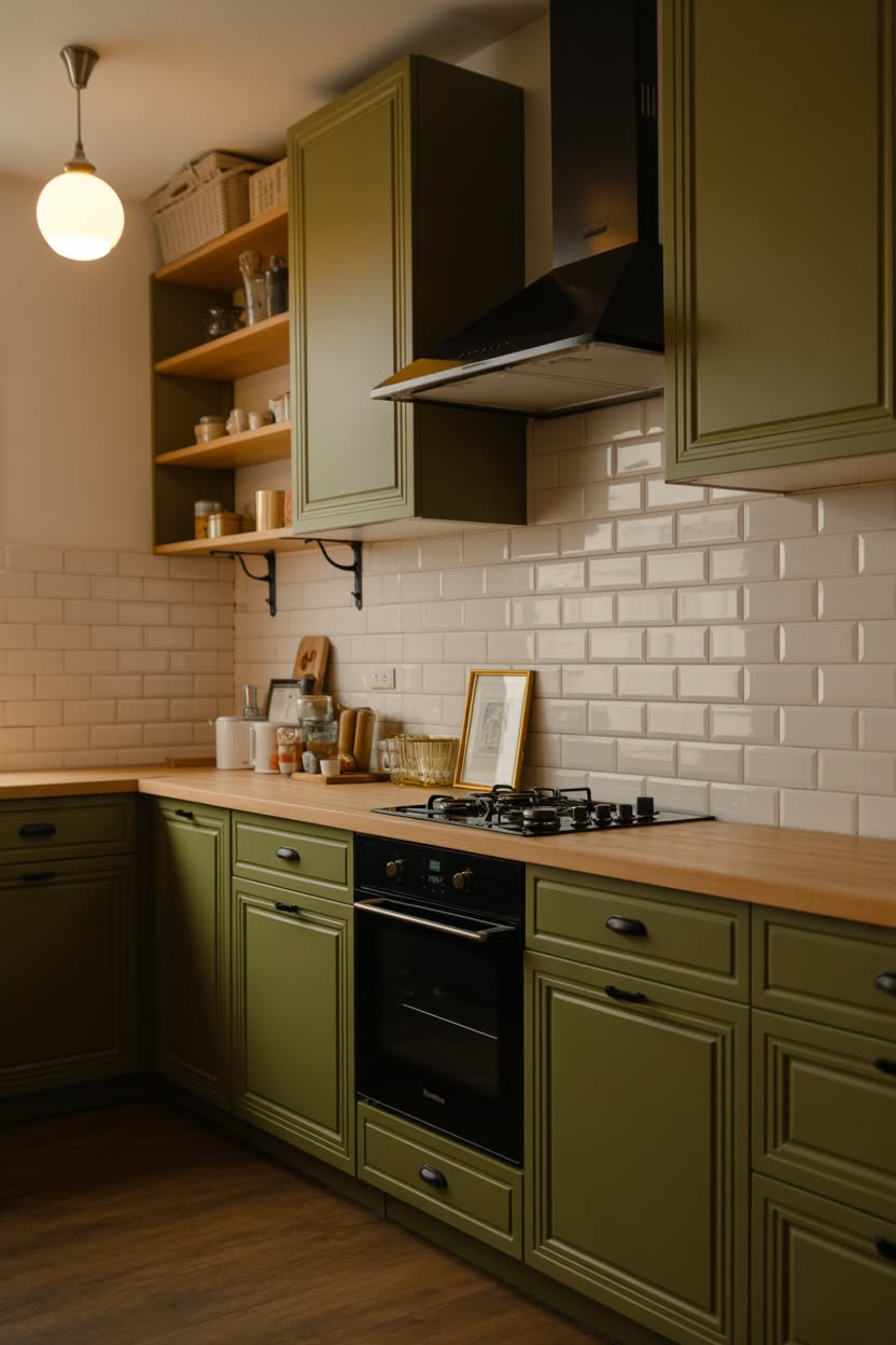 Moody olive green kitchen with butcher block countertops black range hood open shelving and globe pendant light